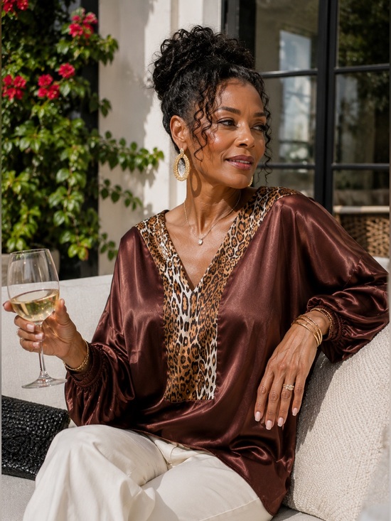 New York & Company Tops - New York & Company Brown Satin Tunic with Leopard-Print V Inset